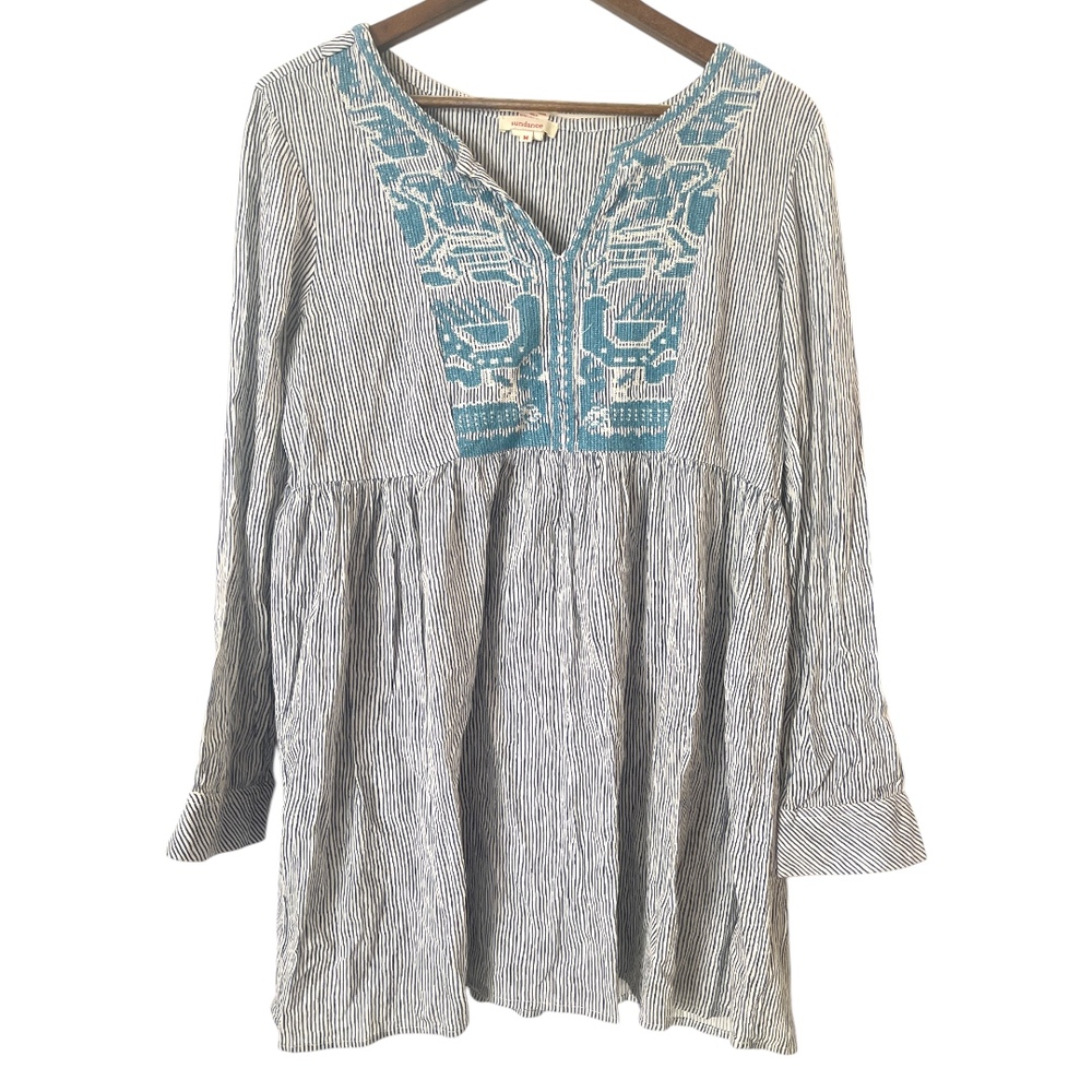 Sundance Catalogue Striped Time On Your Side Blouse Embroidered Tunic Top M